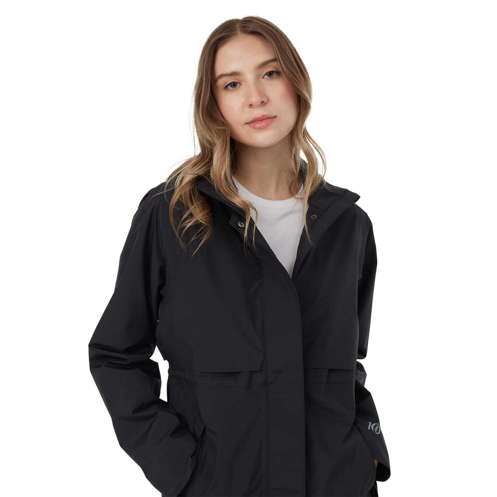 tentree Nimbus Long Waterproof Rain Jacket for Women Transfer - ten Meteorite Black - Front Detail On Model 2