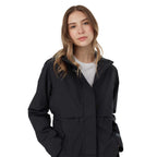 tentree Nimbus Long Waterproof Rain Jacket for Women Transfer - ten Meteorite Black - Front Detail On Model 2