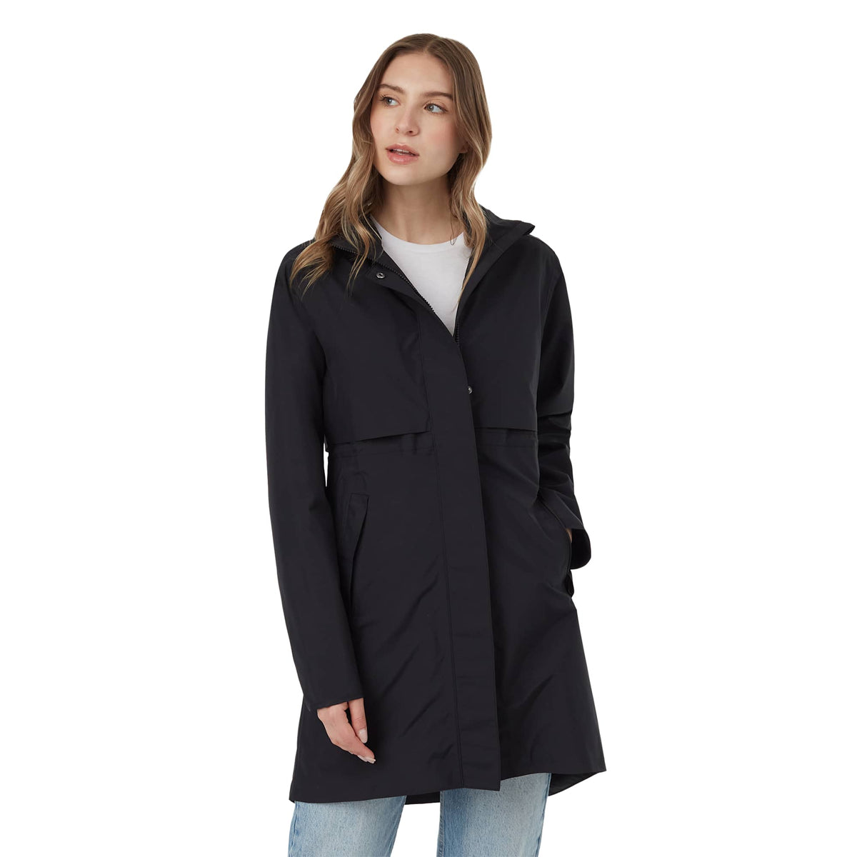 tentree Nimbus Long Waterproof Rain Jacket for Women Transfer - ten Meteorite Black - Front On Model 3