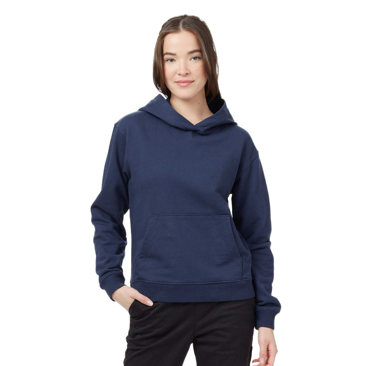 Tentree Organic Cotton Pullover Hoodie for Women Embroidery - ten Dress Blue - On Model Front