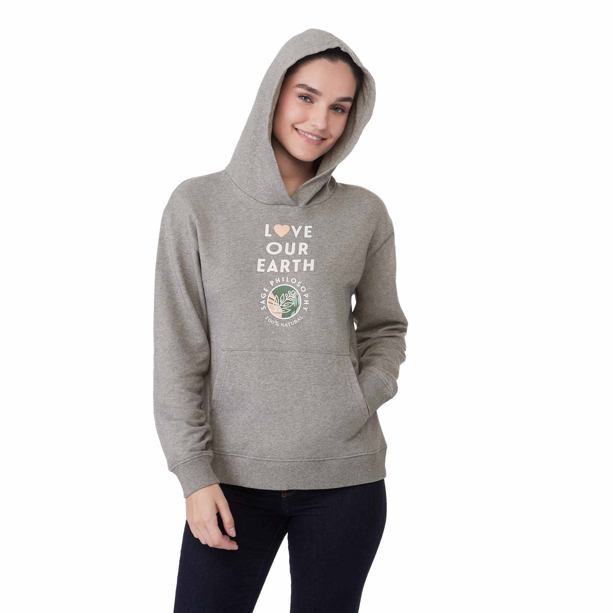 Tentree Organic Cotton Pullover Hoodie for Women Embroidery - ten Heather Grey - Front On Model