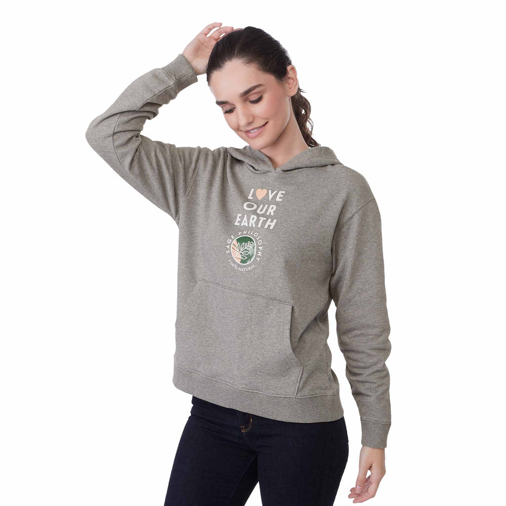 Tentree Organic Cotton Pullover Hoodie for Women Embroidery - ten Heather Grey - Left Angle On Model