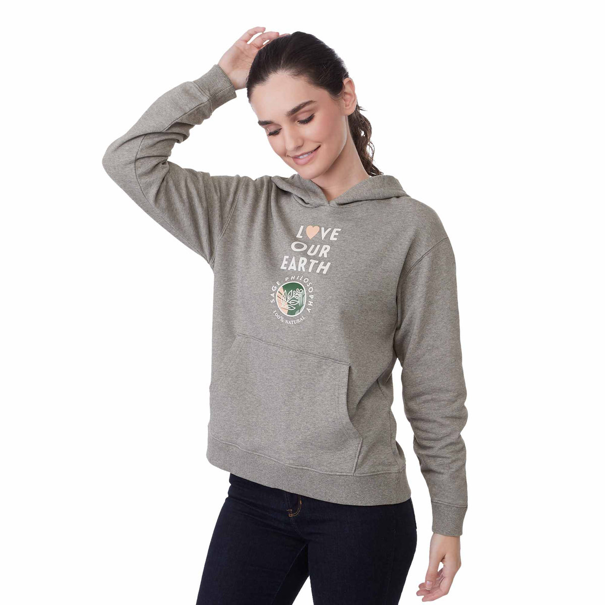 Tentree Organic Cotton Pullover Hoodie for Women Embroidery - ten Heather Grey - Left Angle On Model