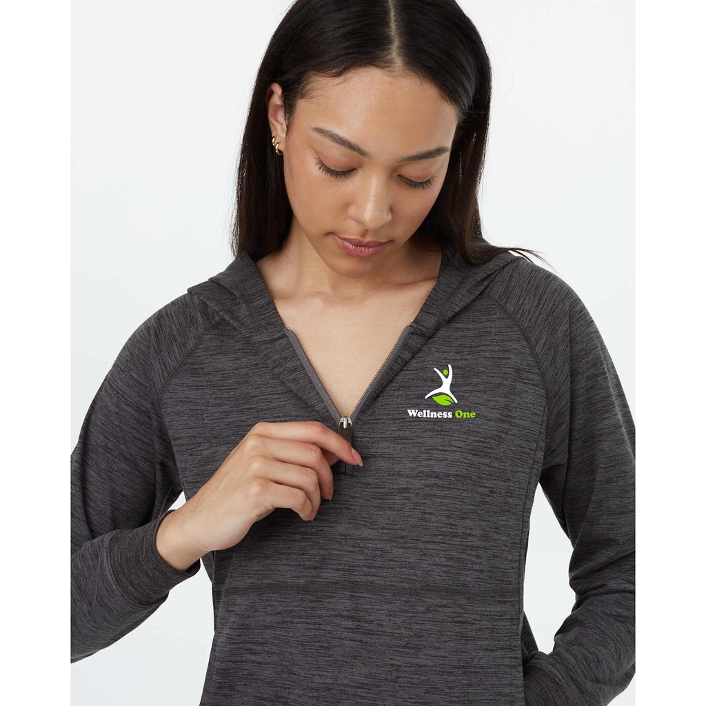 Tentree Stretch Knit Quarter Zip Hoodie for Women Transfer - ten Granite Grey Space Dye - Left Angle On Model