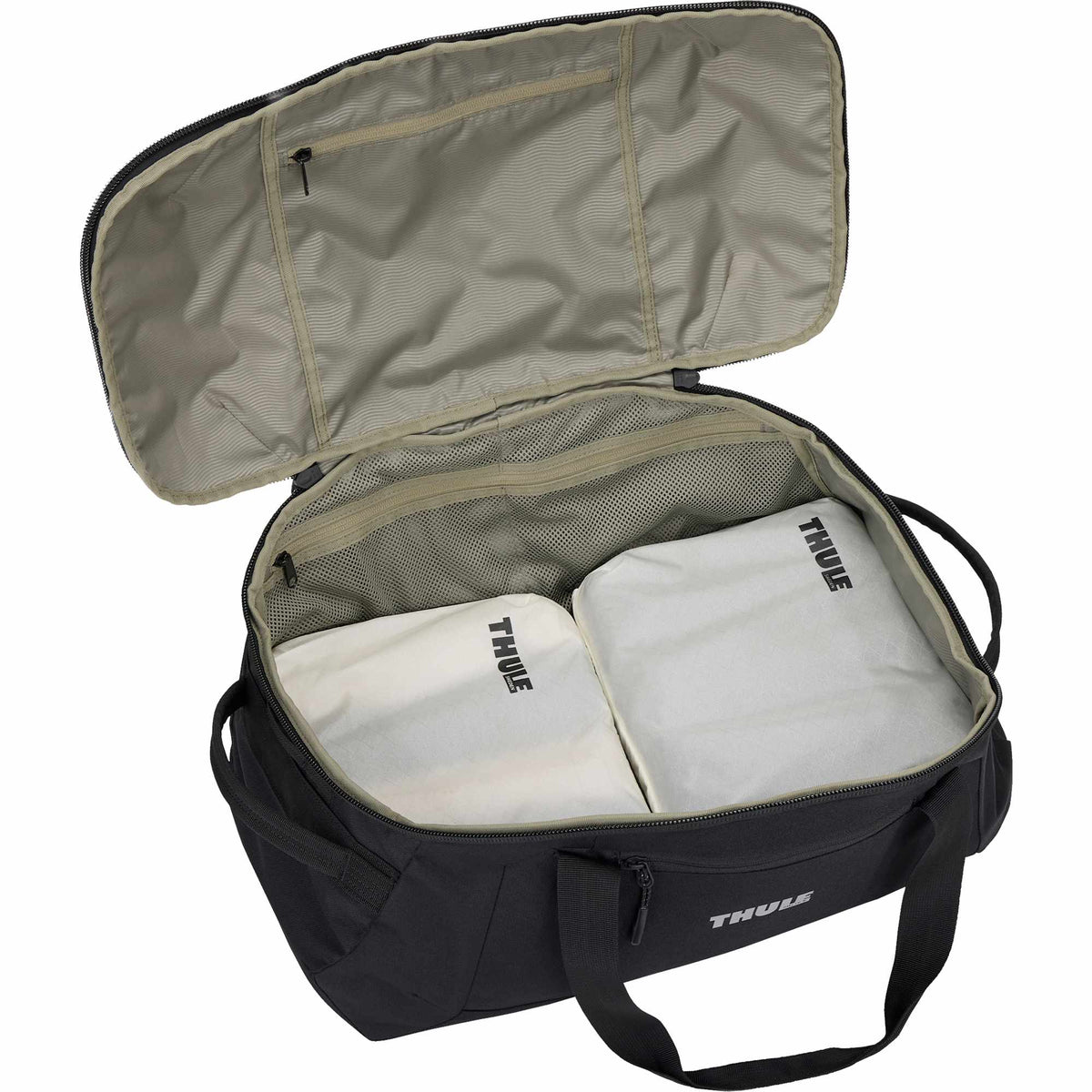 Thule Lumion Duffel Bag in Recycled Polyester, 40L Embroidery - Black - Right Angle Open 2
