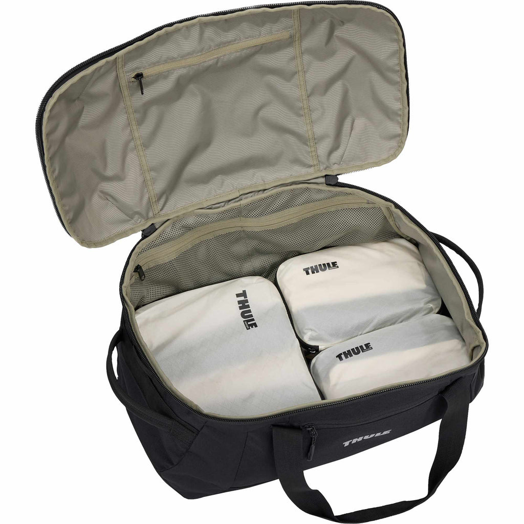 Thule Lumion Duffel Bag in Recycled Polyester, 40L Embroidery - Black - Right Angle Open 3