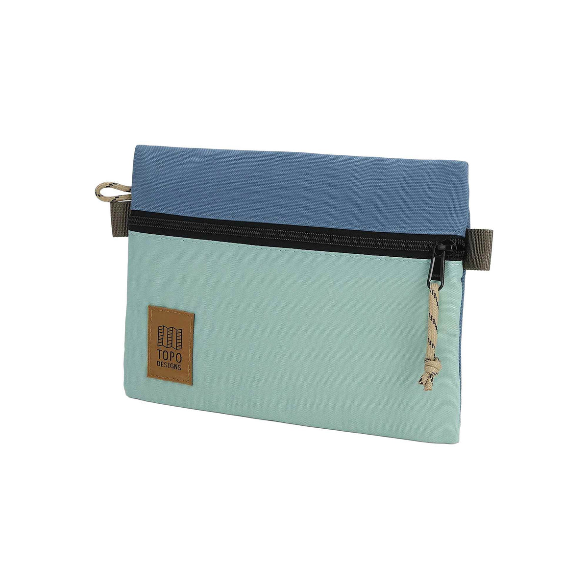 Topo Designs Accessory Pouch in Recycled Nylon Embroidery - Stone Blue/Ash Green - Left Angle