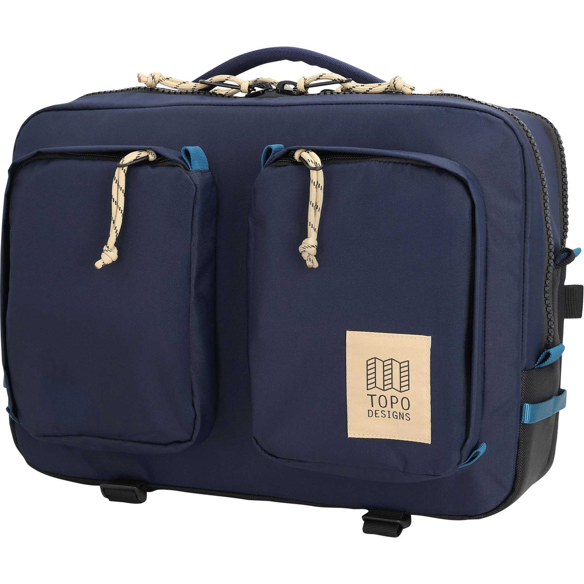 Topo Designs Global Briefcase with Backpack Straps Embroidery - Navy - Left Angle