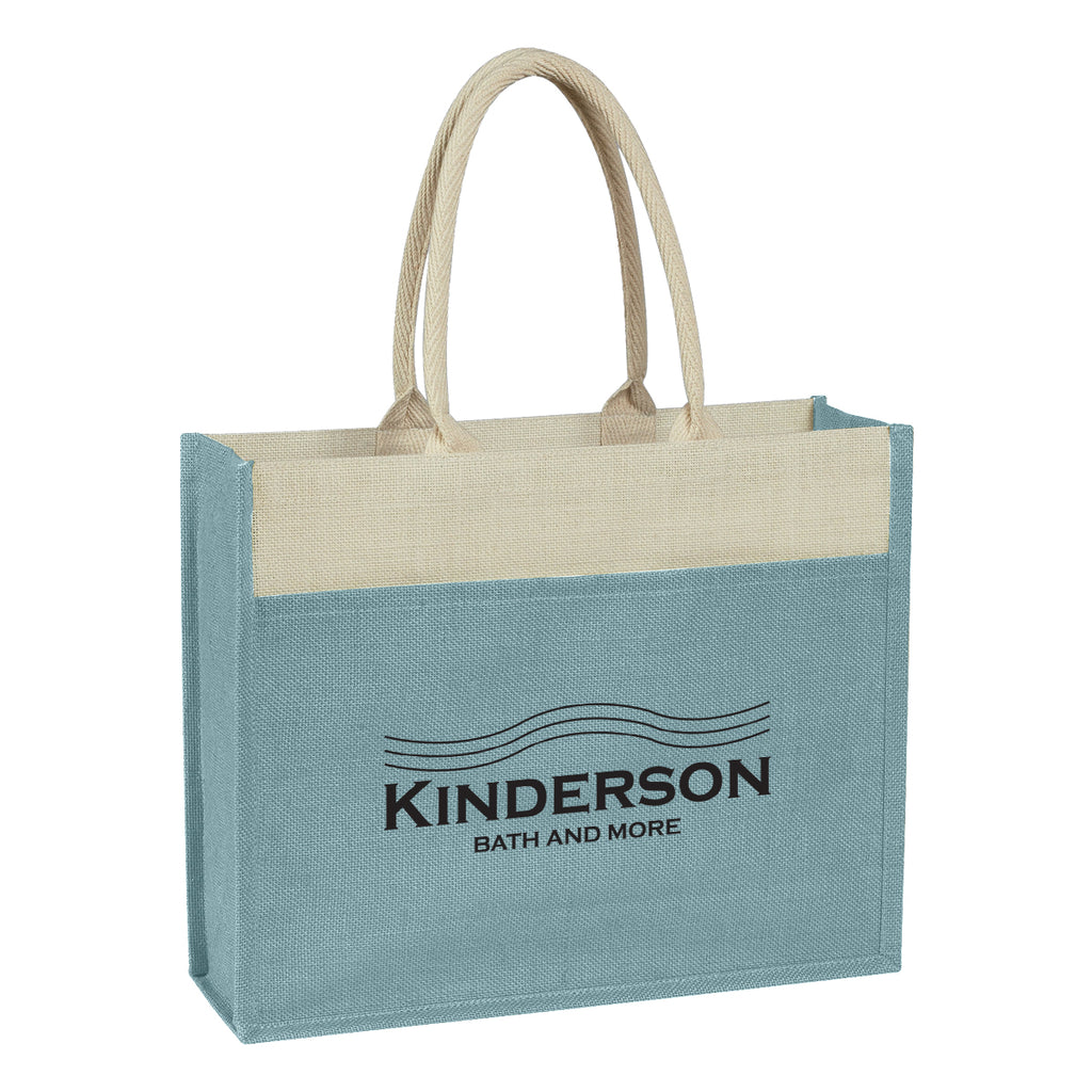 Tote Bag in Jute with Front Pocket - Light Blue - Silk Screen