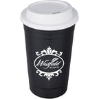 Traveler Double-Wall Coffee Cup with Sip-Through Lid, 16 oz - Black - Front
