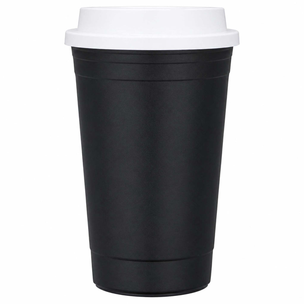 Traveler Double-Wall Coffee Cup with Sip-Through Lid, 16 oz - Black - Straight