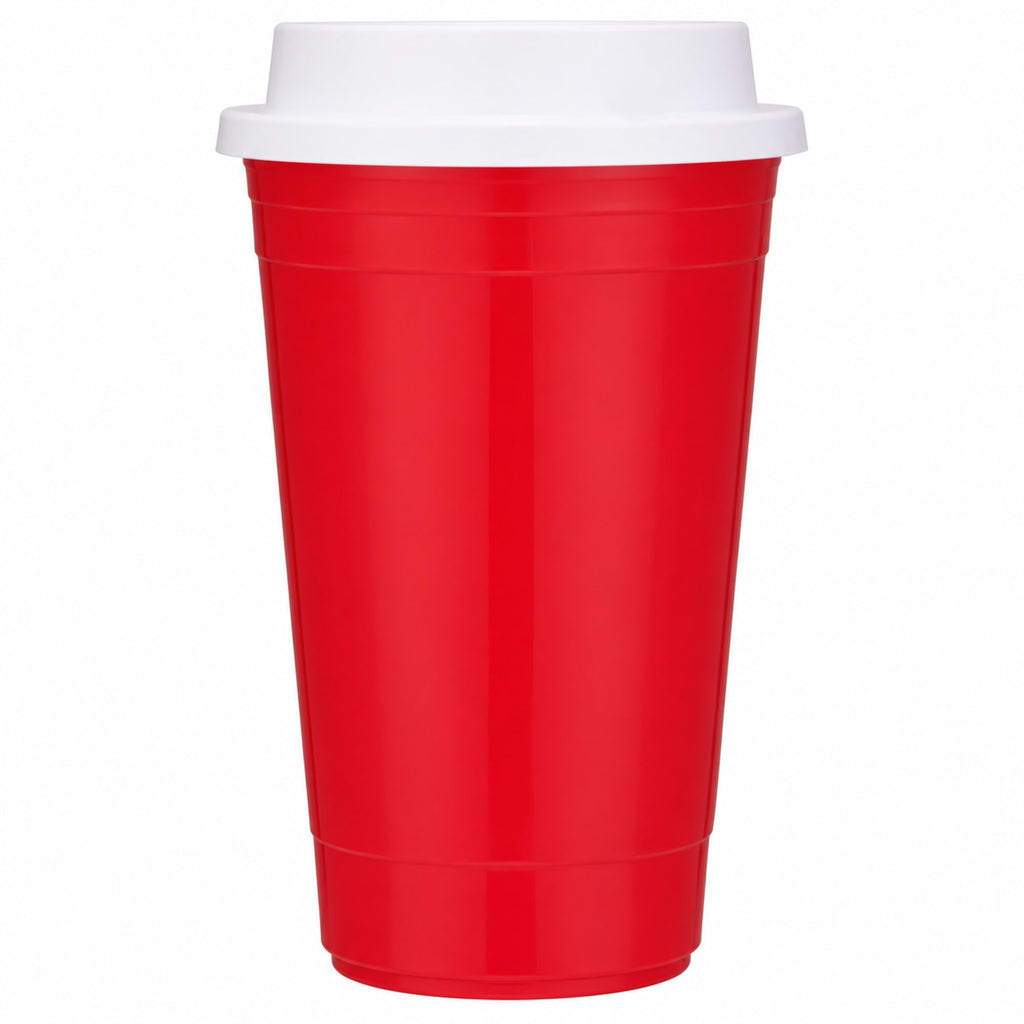 Traveler Double-Wall Coffee Cup with Sip-Through Lid, 16 oz - Red - Straight
