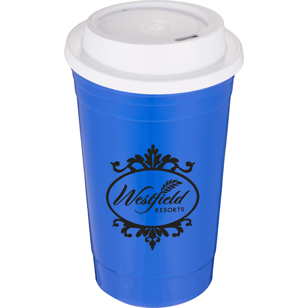 Traveler Double-Wall Coffee Cup with Sip-Through Lid, 16 oz - Royal - Front