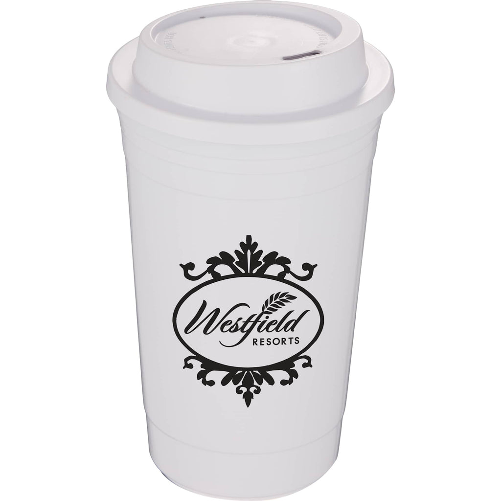 Traveler Double-Wall Coffee Cup with Sip-Through Lid, 16 oz - White - Front