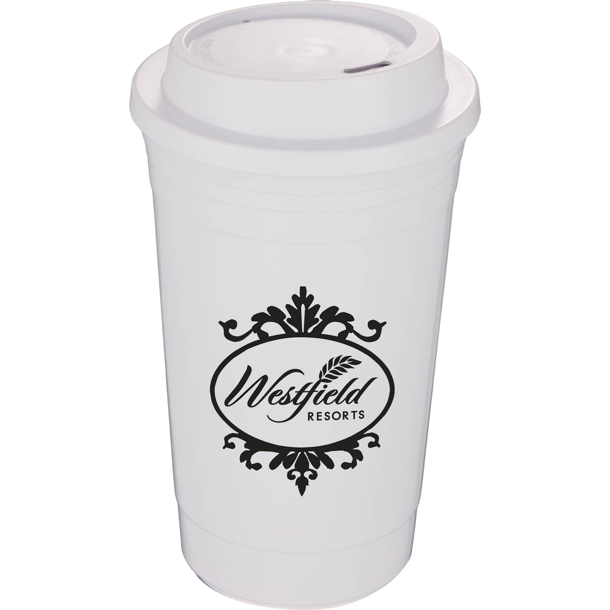 Traveler Double-Wall Coffee Cup with Sip-Through Lid, 16 oz - White - Front