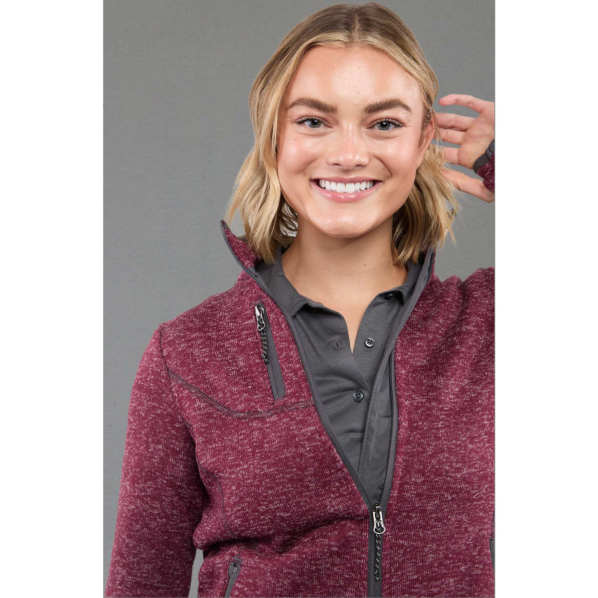 Tremblant Sweater Knit Full Zip Jacket for Women Embroidery - Maroon Heather - Front On Model