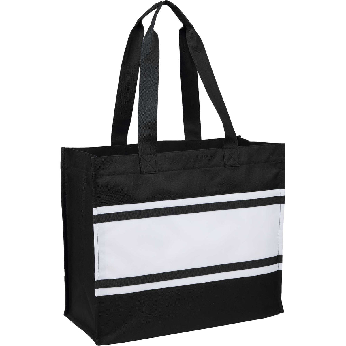 Varsity Box Tote with White Stripes Embroidery - Black - Right Angle