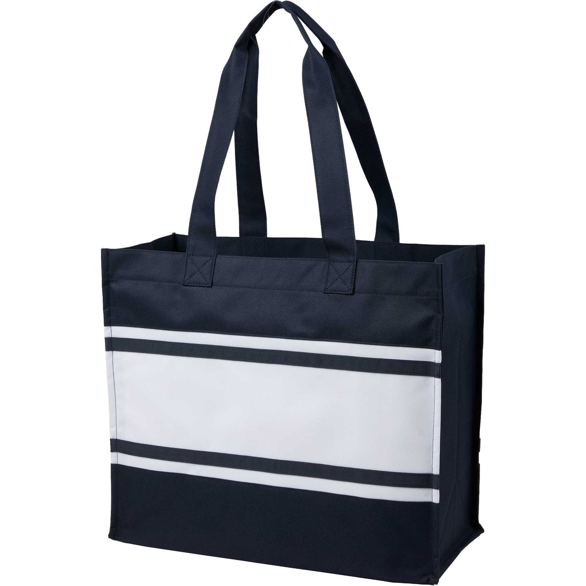 Varsity Box Tote with White Stripes Embroidery - Navy - Left Angle