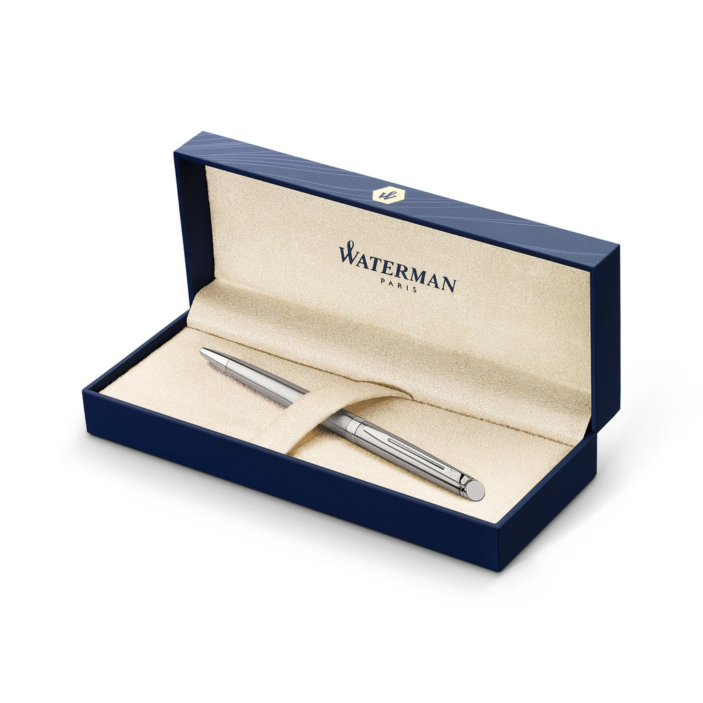 Waterman Hemisphere Ballpoint Pen, Blue Ink Laser Engraving - Stainless Steel - Silver Trim - View 2