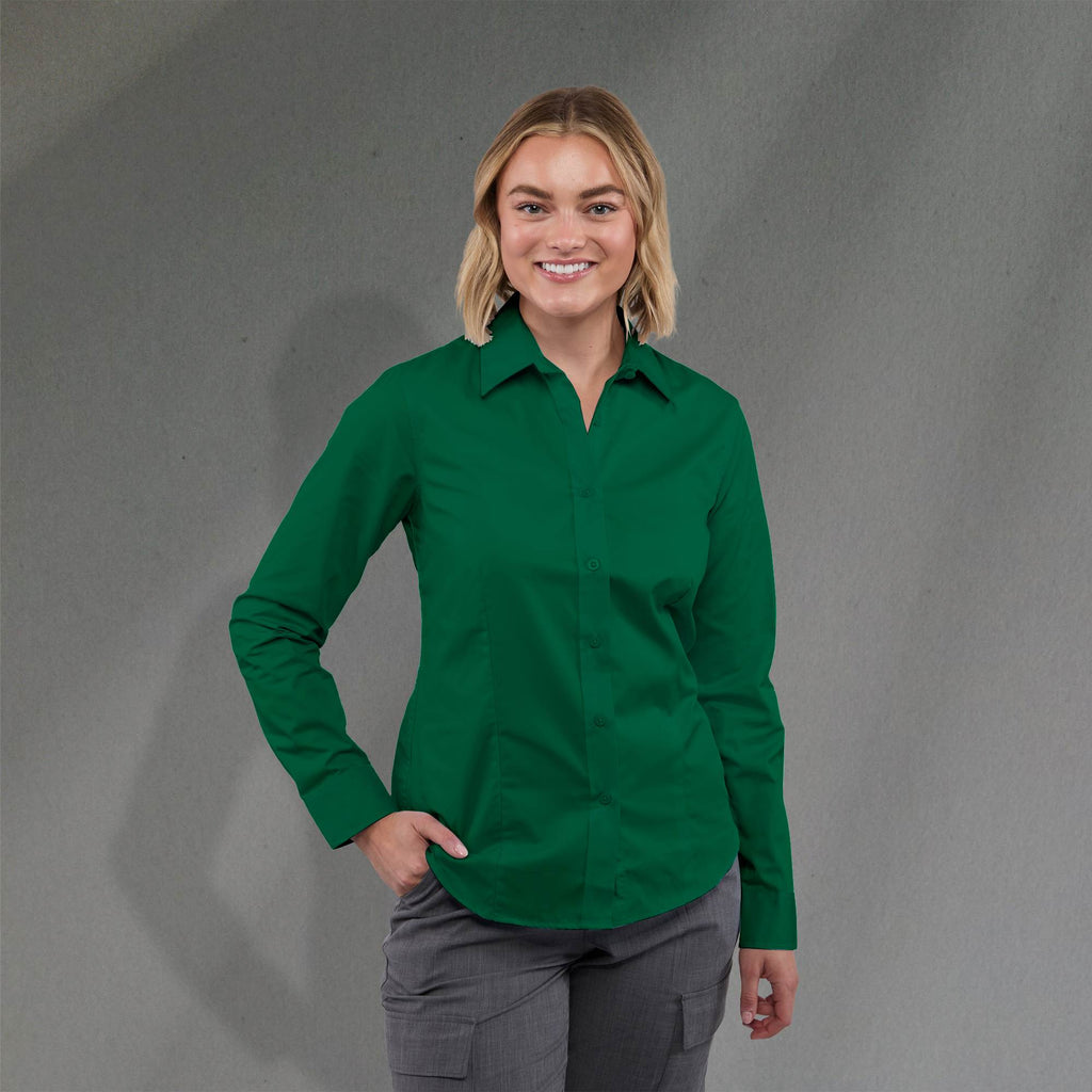 Wilshire Long Sleeve Twill Work Shirt for Women Embroidery - Forest Green - Front On Model 2