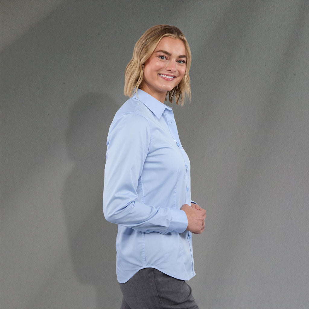 Wilshire Long Sleeve Twill Work Shirt for Women Embroidery - Frost Blue - Right Side On Model