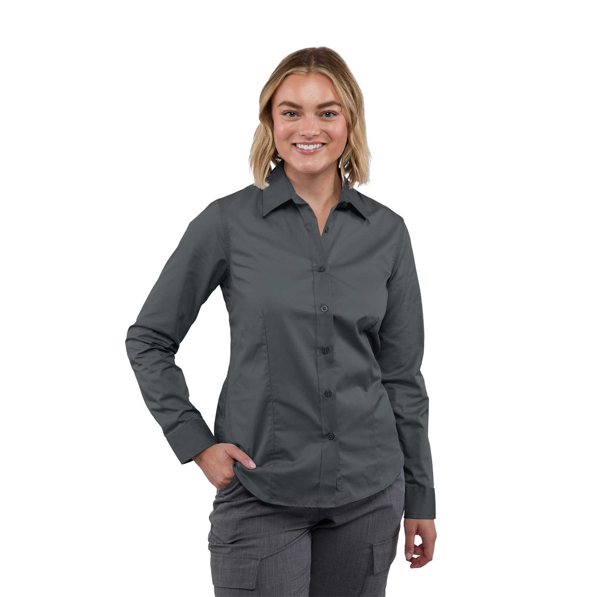 Wilshire Long Sleeve Twill Work Shirt for Women Embroidery - Grey Storm - Front On Model