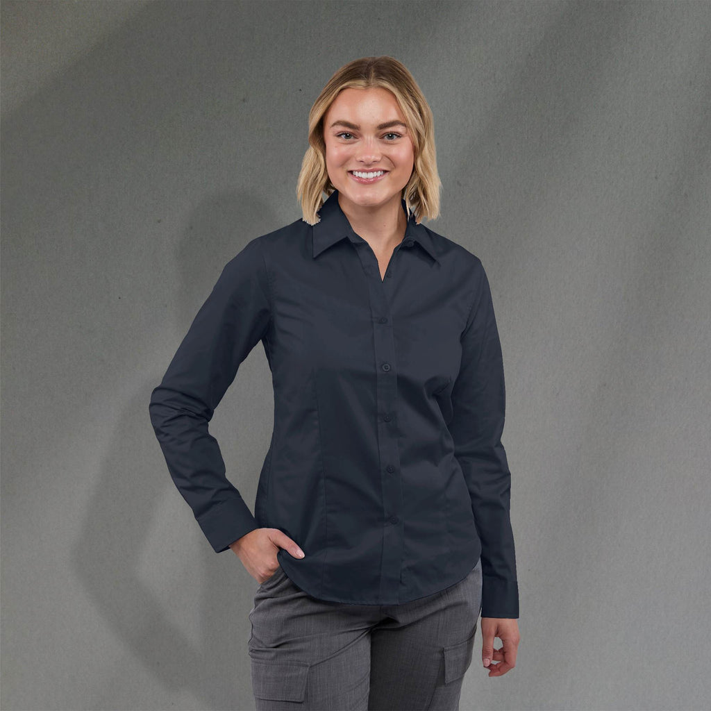 Wilshire Long Sleeve Twill Work Shirt for Women Embroidery - Navy - Front On Model 2